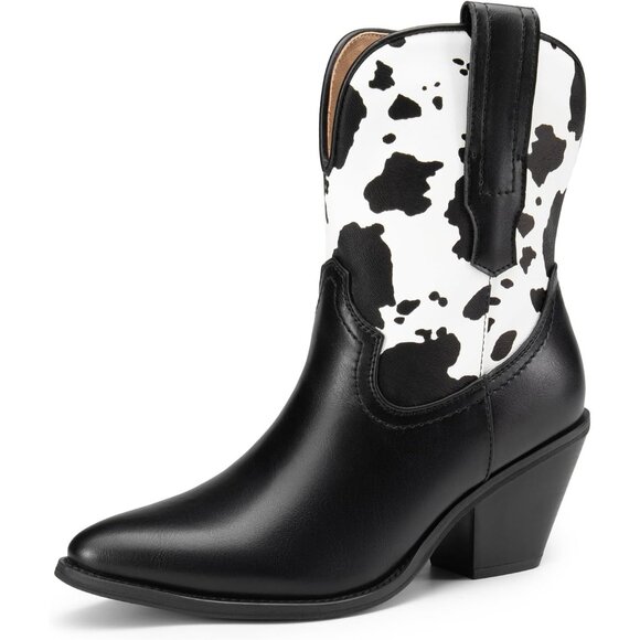 Dream Pairs Cowboy Ankle Boots Women's Black White PU Western Mid-Calf Comfort - Picture 1 of 6